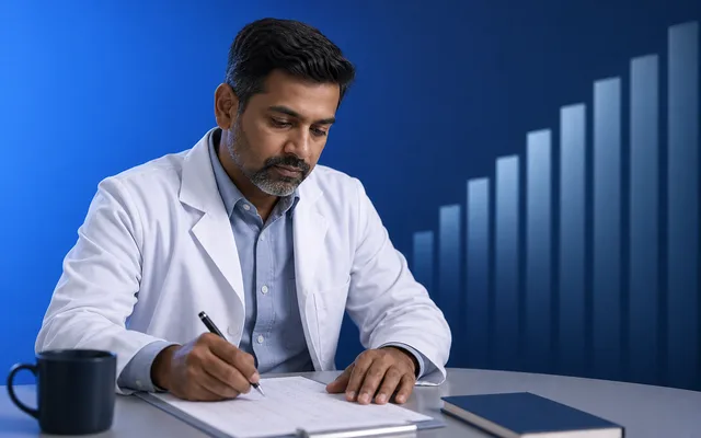 Physician scoring a completed pen-and-paper cognitive screen at a desk in calm blue tones
