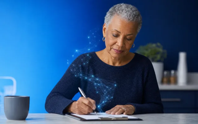 Older adult completing a pen-and-paper cognitive screening at a kitchen table in soft blue tones