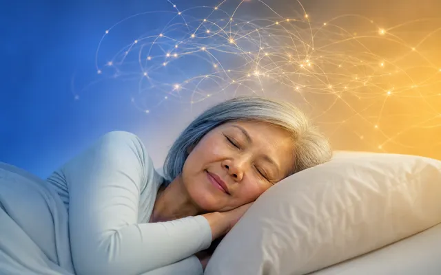 Person sleeping peacefully with faint translucent neural pathways glowing softly above their head