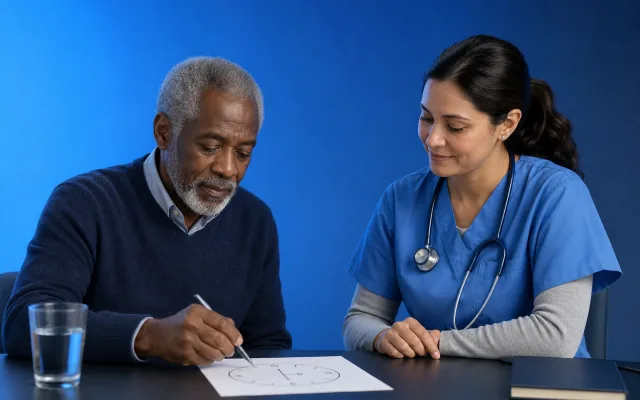 Clinician and older adult reviewing a paper cognitive screening at a desk in soft blue tones