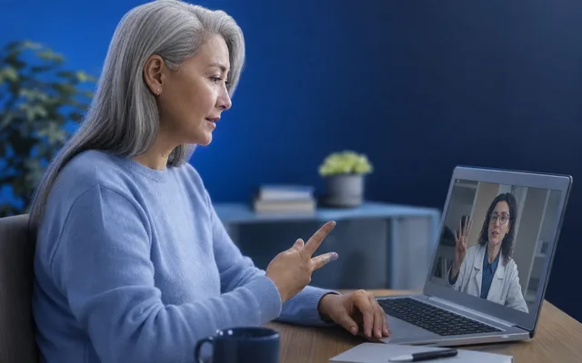 Older woman on a video call with a clinician on a laptop at home, soft blue editorial lighting