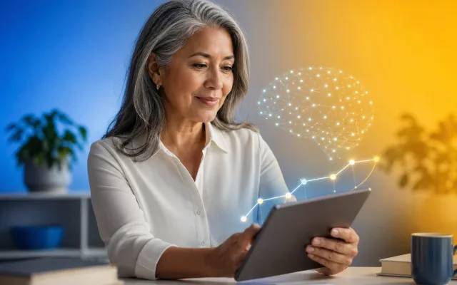 Person reviewing a glowing cognitive health timeline chart in soft blue light