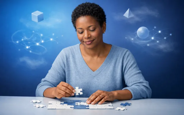 Abstract illustration of different cognitive assessment tools in soft blue tones