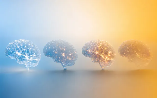 Four translucent brain silhouettes arranged in a row, each illuminated with a distinct pattern of neural pathways