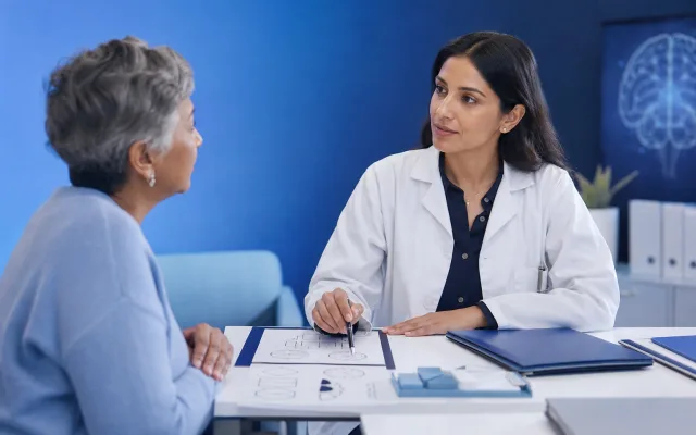 Calm clinical consultation room with a desk, soft lighting, and organized medical folders