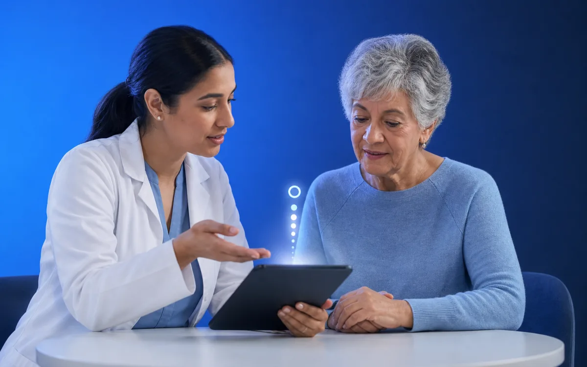 Wide editorial scene of a supportive results conversation with subtle neural light motifs