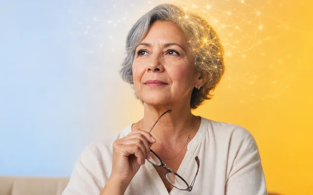 Older adult pausing thoughtfully while holding reading glasses, with faintly glowing neural threads around the head