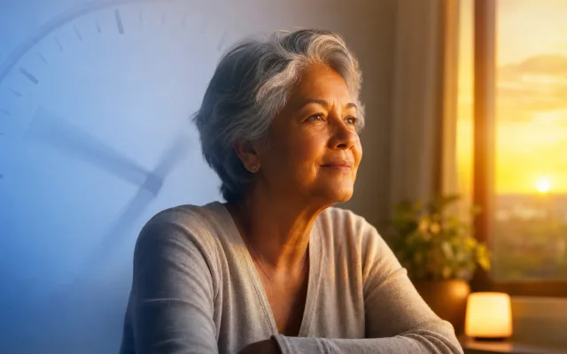 Older adult silhouetted near a window at dusk with warm golden light transitioning into deep blue shadow