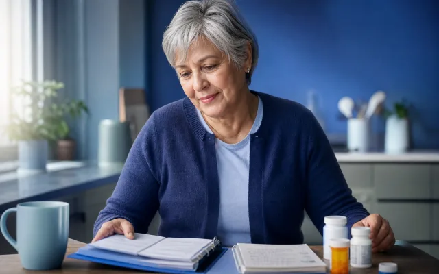 Older adult organizing medical records and a handwritten list at a kitchen table