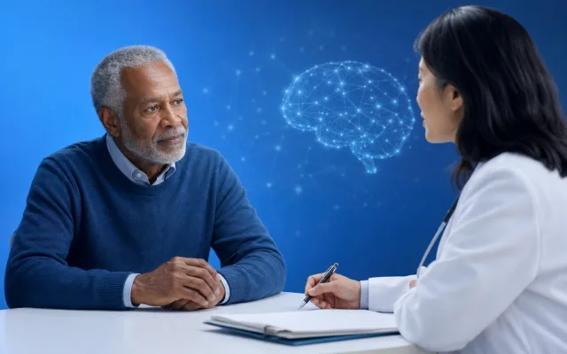 Older adult in a consultation room with a specialist reviewing cognitive assessment notes
