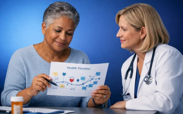 A clinician and adult reviewing a cognitive health timeline in a calm neurology office