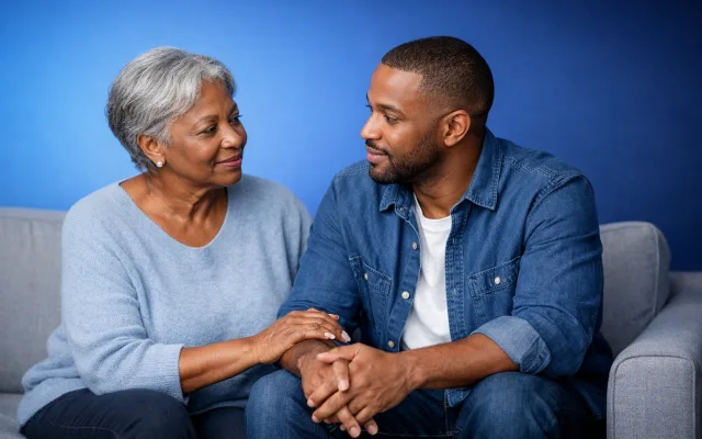 Abstract illustration of diverse figures connected by soft blue neural pathways