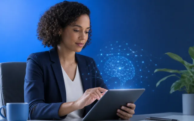 Adult worker at a tidy desk completing a brief cognitive check-in on a tablet, soft neural light patterns suggesting focused attention on the job